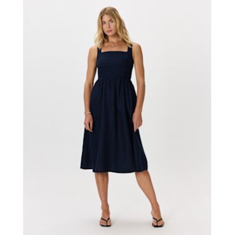 Quince Women 100% European Linen Fit & Flare Midi Dress Blue M